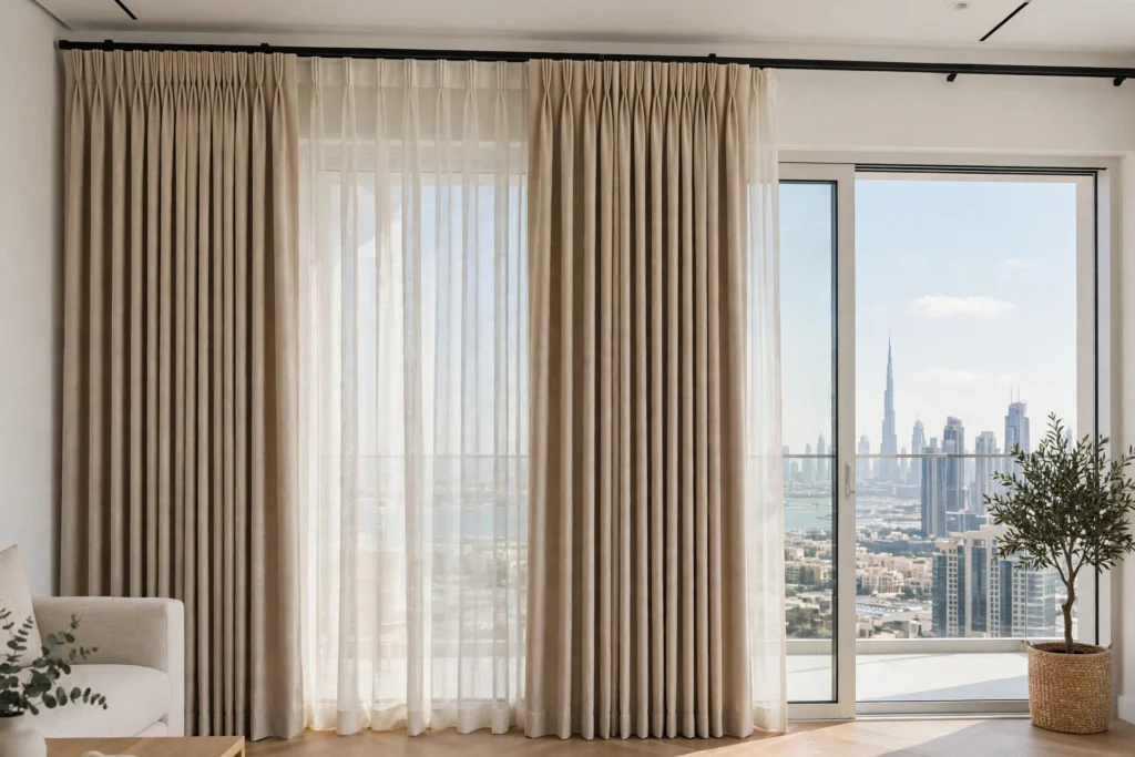 pinch pleat curtains in a Dubai living room